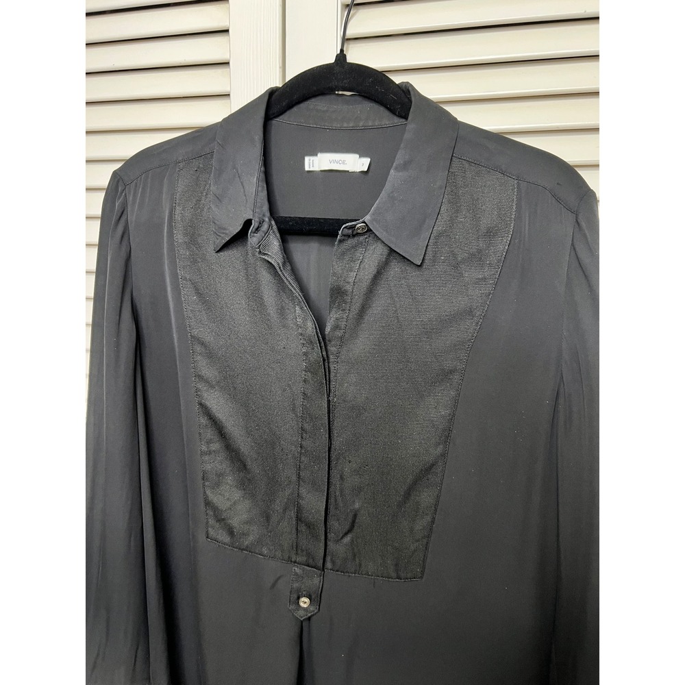 Vince 100% Silk Tuxedo Blouse Black Long Sleeve Bell Cuff Size M - Picture 2 of 9